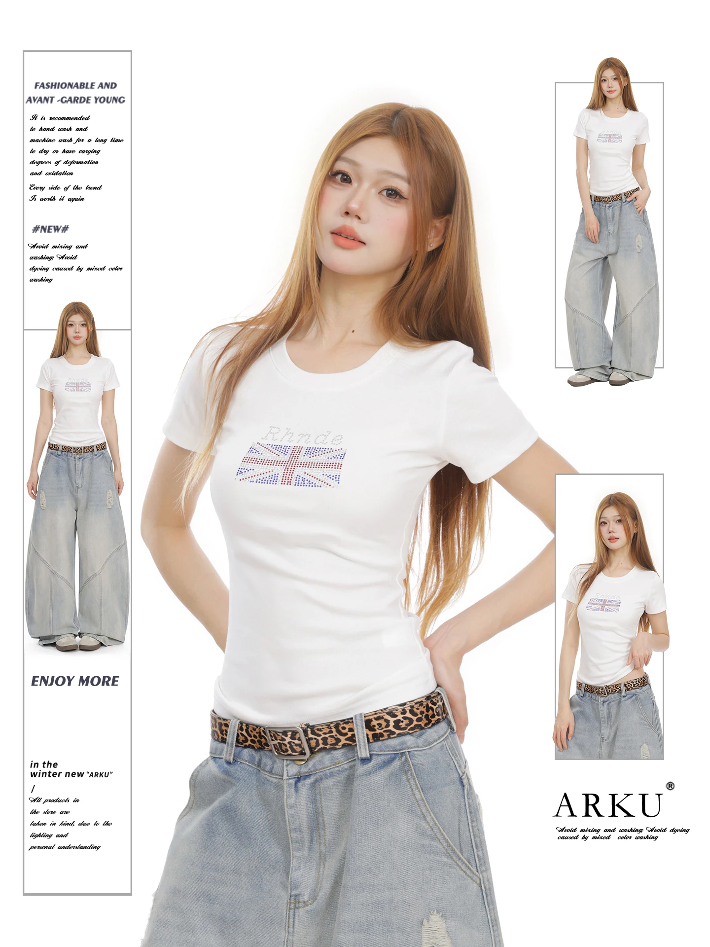 

Slim Fit American Retro Flag Rhinestone Short Sleeve T-Shirt Women's Fashion Design Casual Cotton Blend Summer Top
