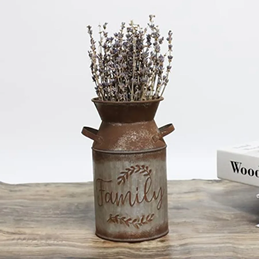 Galvanized Milk Can with Greetings, Antique Retro Vase Metal Planter Rustic Vintage Primitive Flower Holder Farmhouse Country P