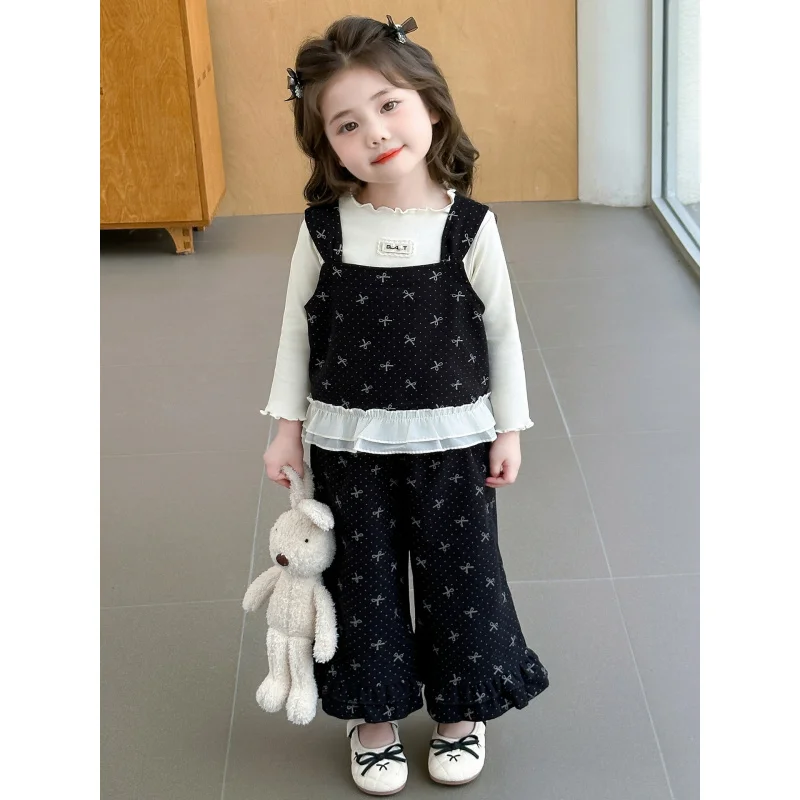 

Girls' Autumn New Casual Stylish Full Print Bowknot Base Shirt High-Quality Pants Three-Piece Set