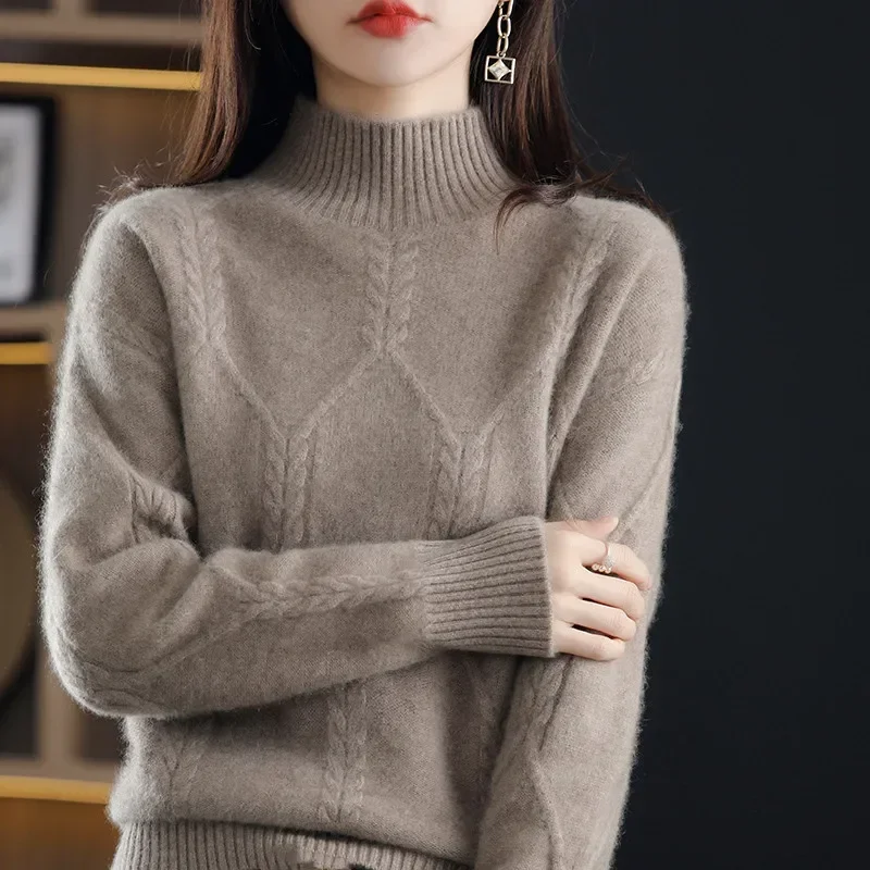 Wool Sweater Women\'s Half-Neck Pullover Loose Knit Bottoming Shirt Autumn Winter Long Sleeves Soft Cashmere Sweater Korean Tops