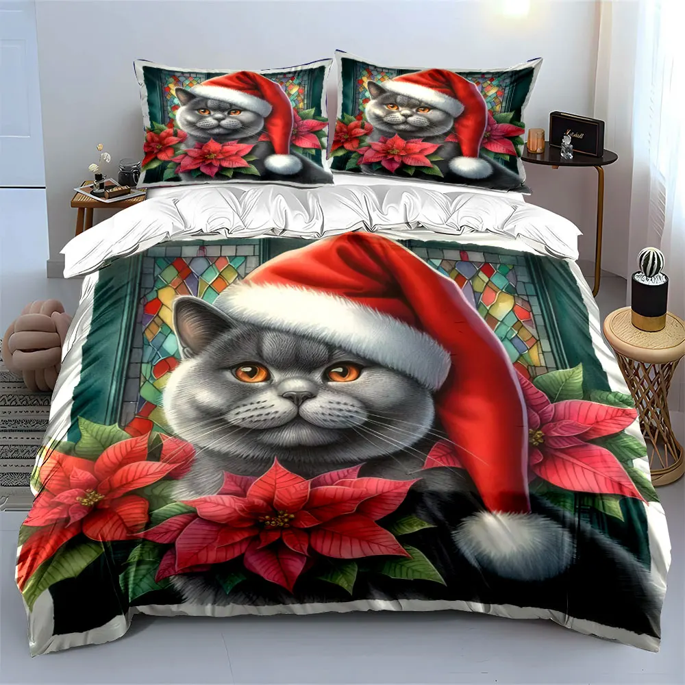 Cat in Santa Hat with Poinsettias Print Duvet Cover Bedding Set Included 1*Duvet Cover 2*Pillowcases Luxury gifts