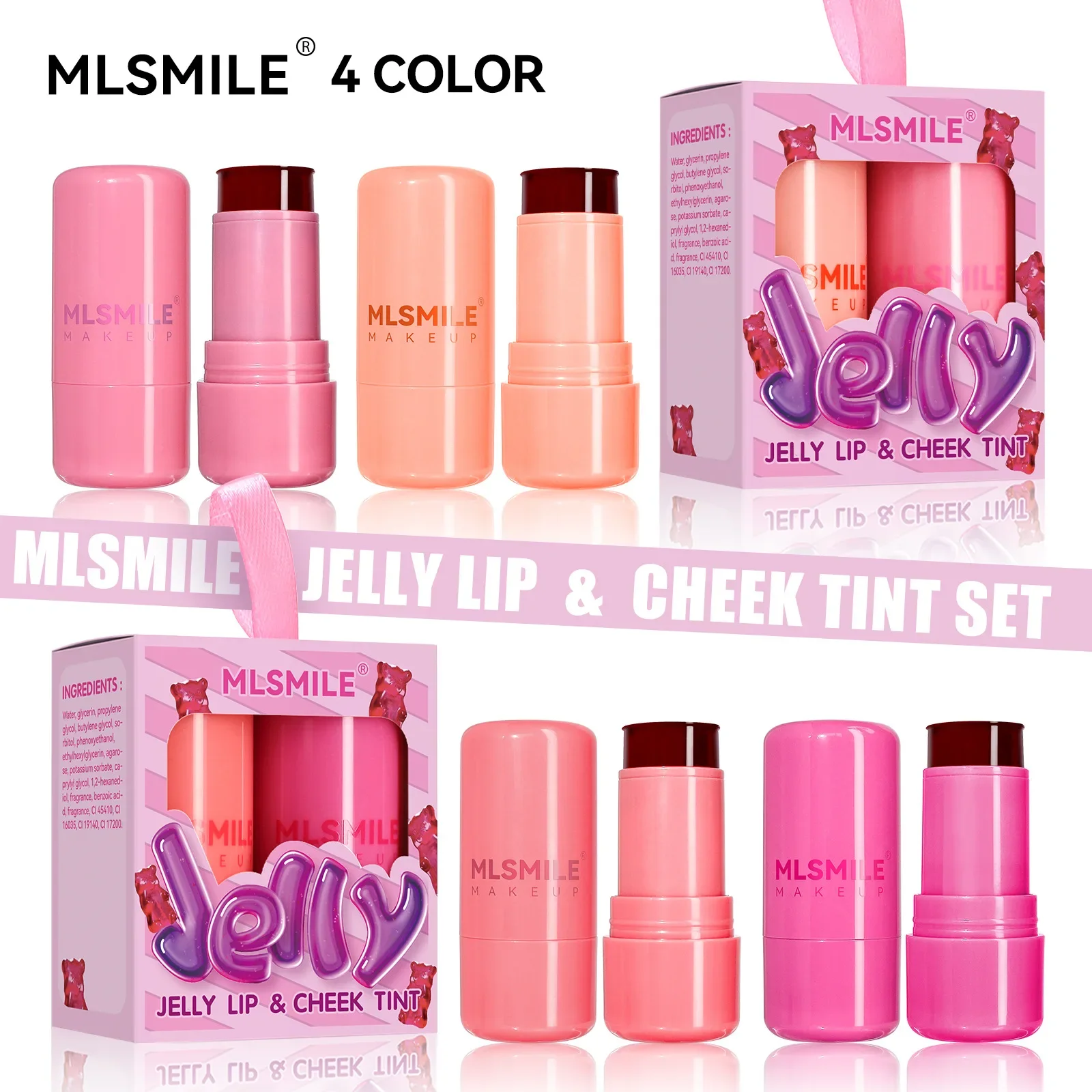 MLSMILE 립&치크 틴트 블러쉬 세트 롱래스팅 수분 젤리 블러쉬 립글로스 스틱 방수 피부 친화적인 페이스 컨투어링 스틱