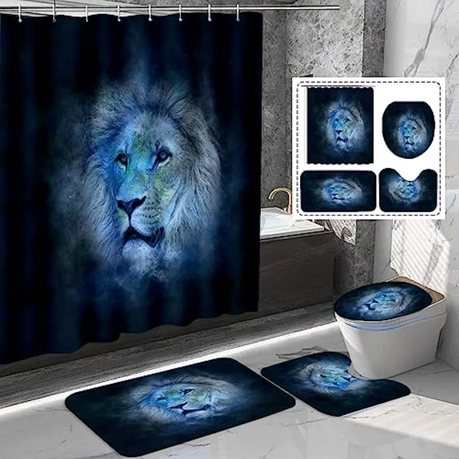 

4PCS Navy Blue Lion Shower Curtain Set Animal Style Bathroom Decor with Non-Slip Rug Toilet Lid Cover Bath Mat and 12 Hooks 70.