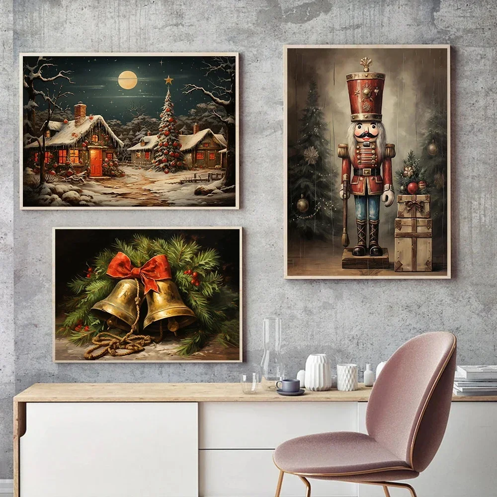 1pc frameless Canvas Painting Vintage Winter Christmas Gingerbread Santa Christmas Tree Posters Prints Canvas Painting Wall Art
