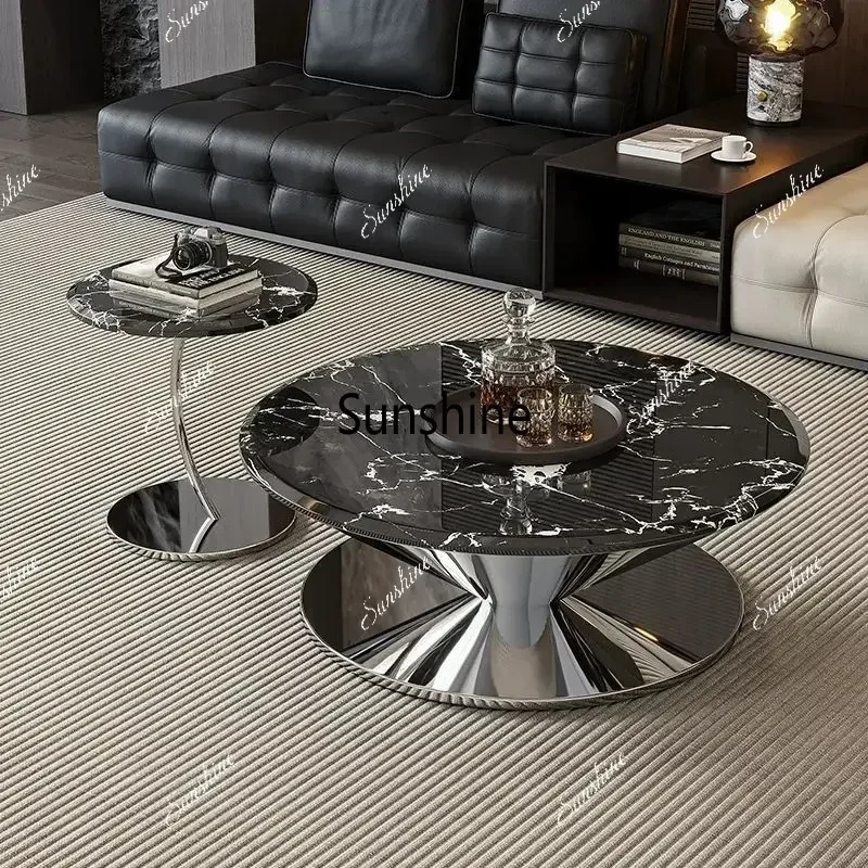 F Modern Single Round Coffee Table Marble Tabletop Shiny Stainless Steel Support Home Decoration Table