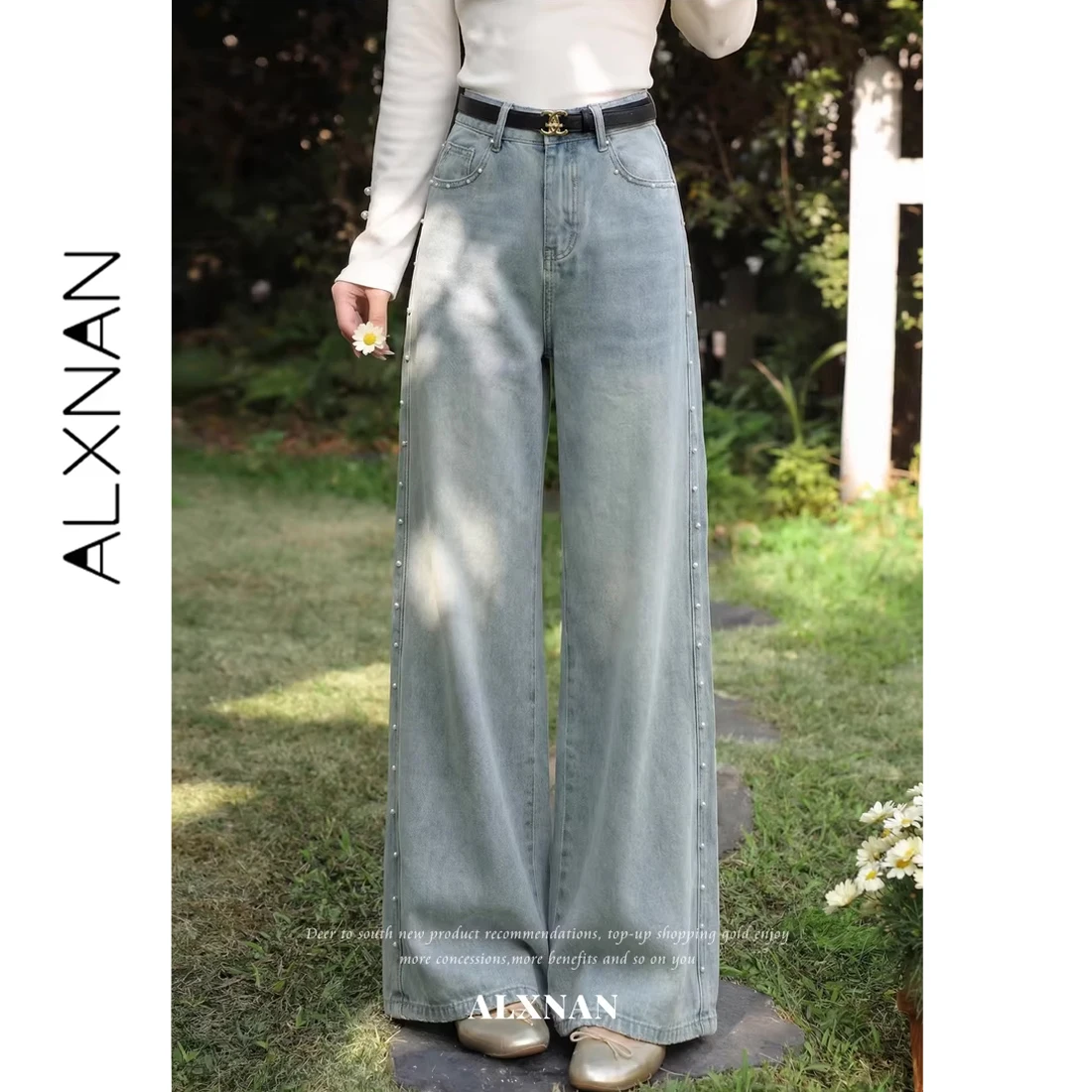 

ALXNAN Blue Jeans Women Fashion Pearl Decorations Wide Leg High Waist Baggy Jeans Casual Loose-fit Elegant Denim Pants L62889A