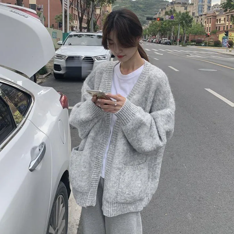 Lucyever Gray Sweater Cardigan for Female Harajuku Lazy Style Soft Knitted Cardigans Women Casual All-Match Loose Knitwear Coat