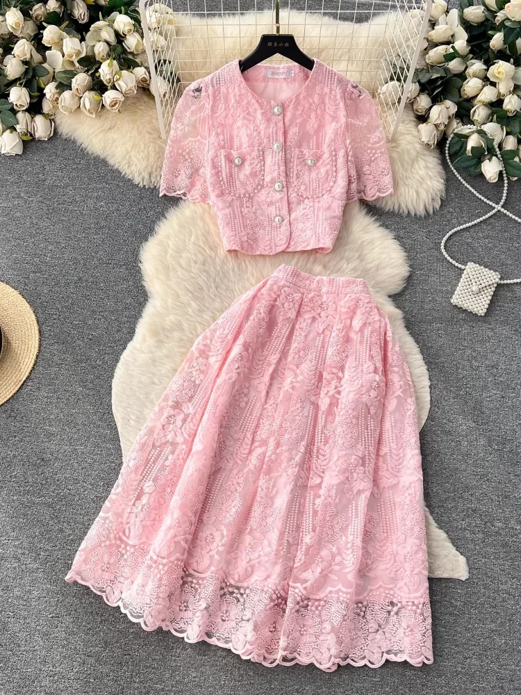 

Small Fragrant Embroidery Flower Two Piece Set Women Short Sleeve Pearls Buttons Pocket Lace Mesh Crop Top＋Midi Skirts Suit