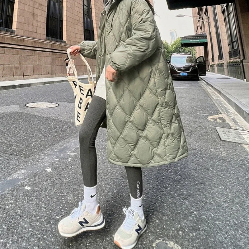2025 New Long Rhombus Over The Knee Down Cotton Clothes Hooded Thickened Warm Loose Men's and Women's Coats