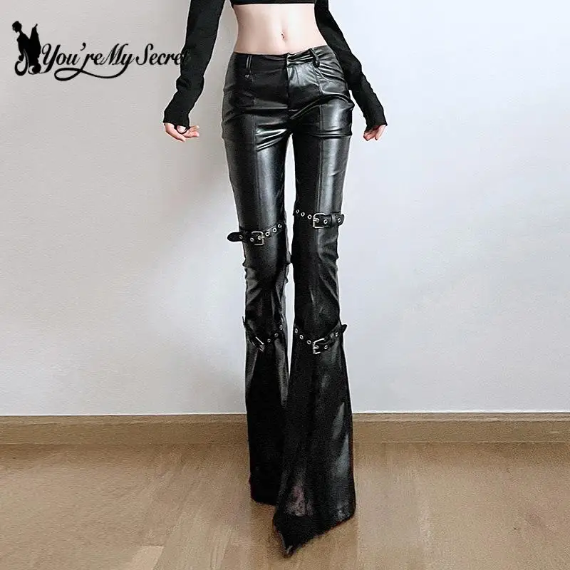 

[You're My Secret] Ladies Sexy Patchwork Pu Leather Flare Pants Casual Slim Low-Waisted Pants Women Autumn Winter Y2K Streetwear