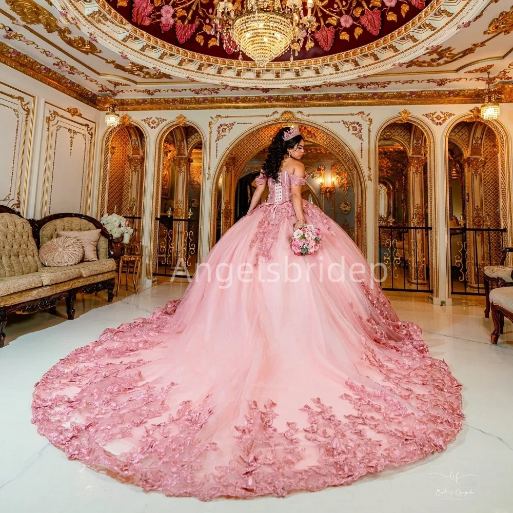 Angelsbridep Customized Pink Ball Gown Quinceanera Dresses 2025 Beading With Cape Corset Birthday Party Gown Vestido De 15 Años