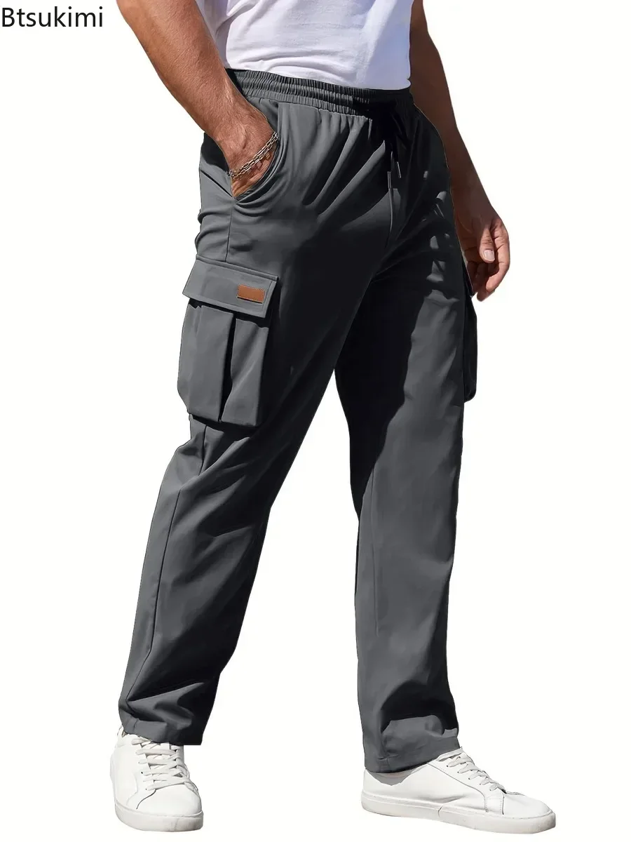 

2025 Men's Cargo Pants Trendy Multi Pockets Loose Casual Straight Trouser Solid Drawstring Sweatpants Male Fitness Joggers Pants