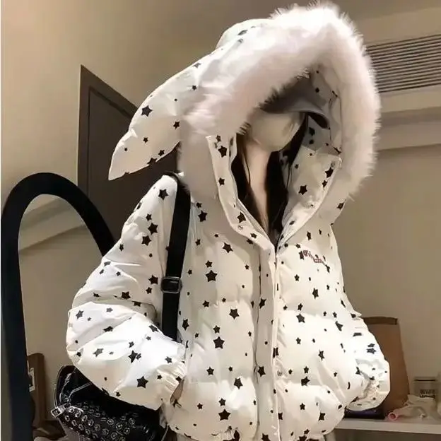 

Японское новое зимнее стильное хлопковое пальто с кроличьими ушками и меховым воротником с капюшоном для женщин, пальто с хлебом в американском стиле ретро со звездным принтом