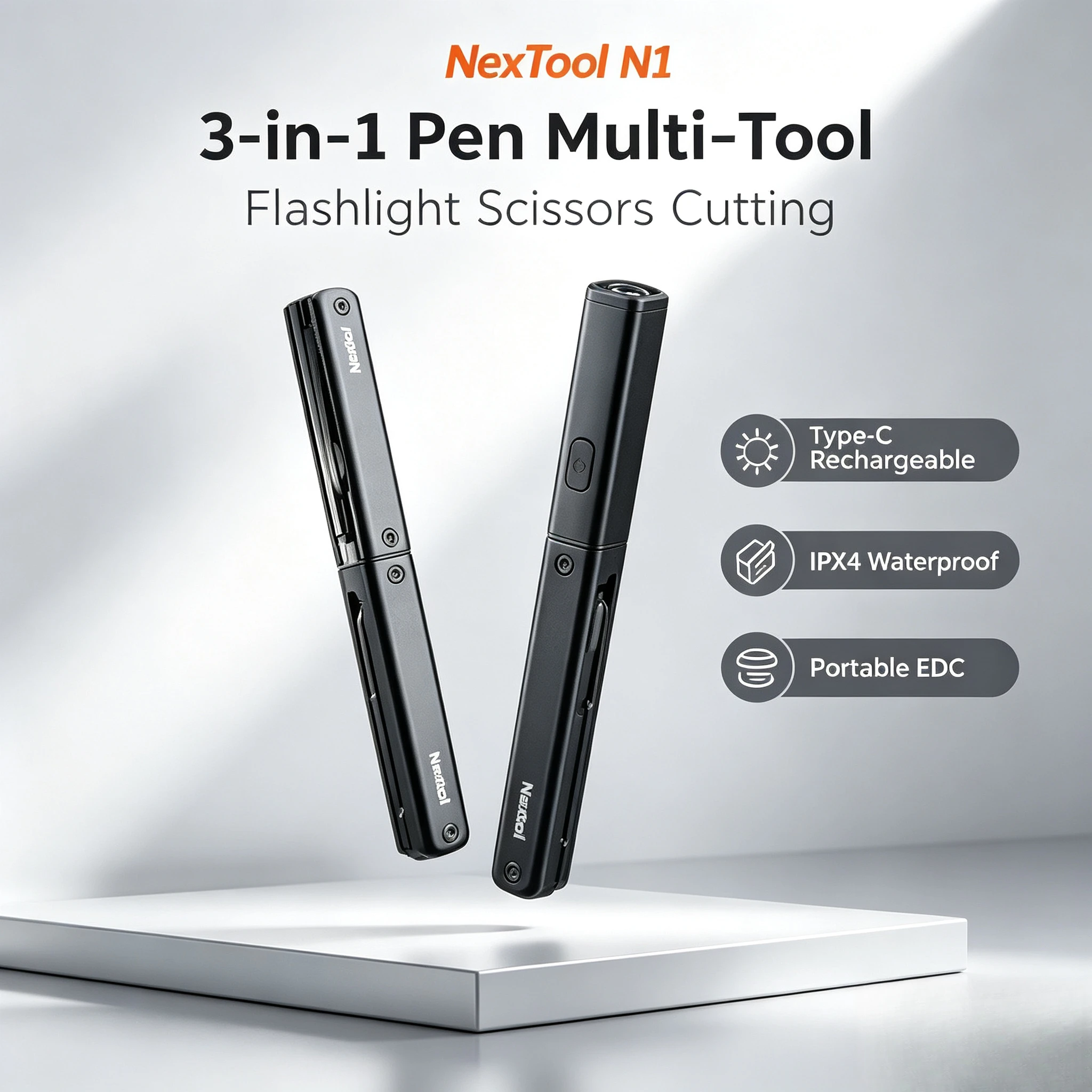 NexTool N1 Multifunctional 3-in-1 Mini Pen Tool Pocket Knife Scissors Type-C Rechargeable IPX4 Waterproof Outdoor Flashlight