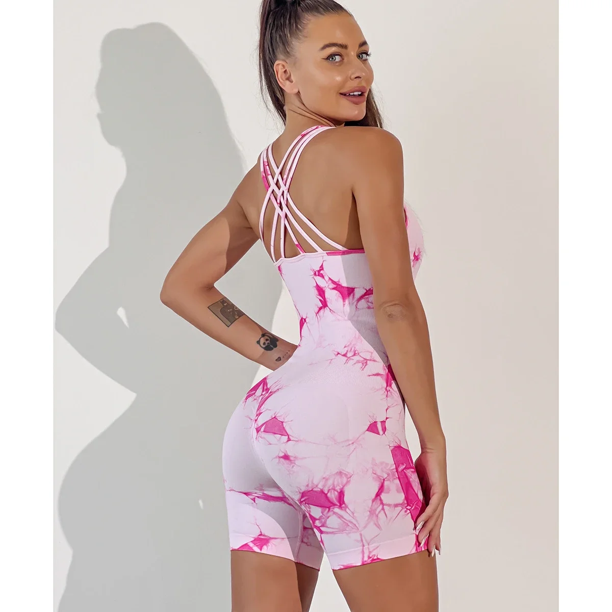 Seamless Tie-Dyed Yoga Jumpsuits Sports Fitness Hip-lifting One-Piece Beauty Back Bodysuits Gym Leggjngs Tracksuits for Women