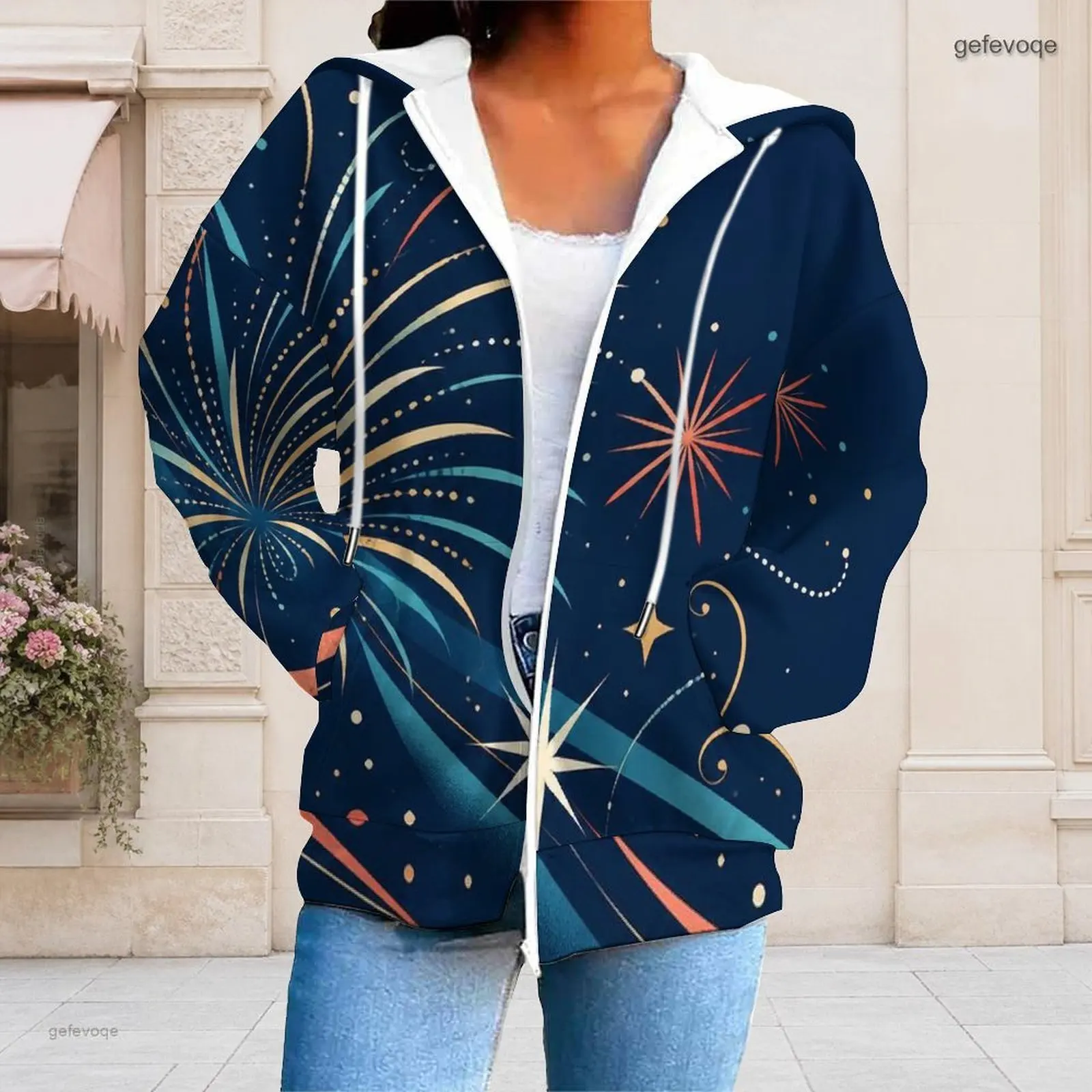 Women Navy Blue Celestial Star Firework Printed Zip Up Long Sleeve Hoodie