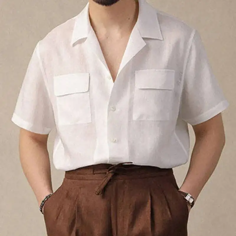 Linen Blend Cuban Collar Shirt For Men Summer Breathable Double Pockets Casual Solid Moda Hombre 2026 Camisa Social Masculina