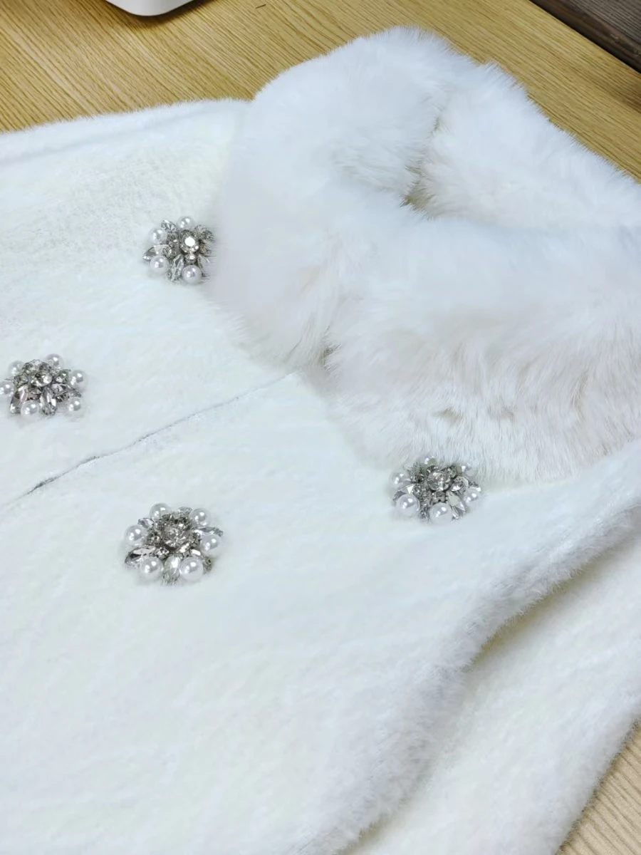 Real Photos Autumn Winter Knitwear Coat Faux Fox Fur Collar Knitted Cardigan Jacket Office Lady White Sweater Women Outwears