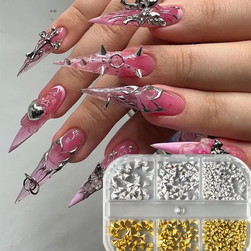 6 Griglie Y2K Punk Rivetto in metallo Pendenti per unghie Cono Dimensioni miste Nero Argento Oro Nail Art Borchie 3D Elegante lega Spike Unghie strumento