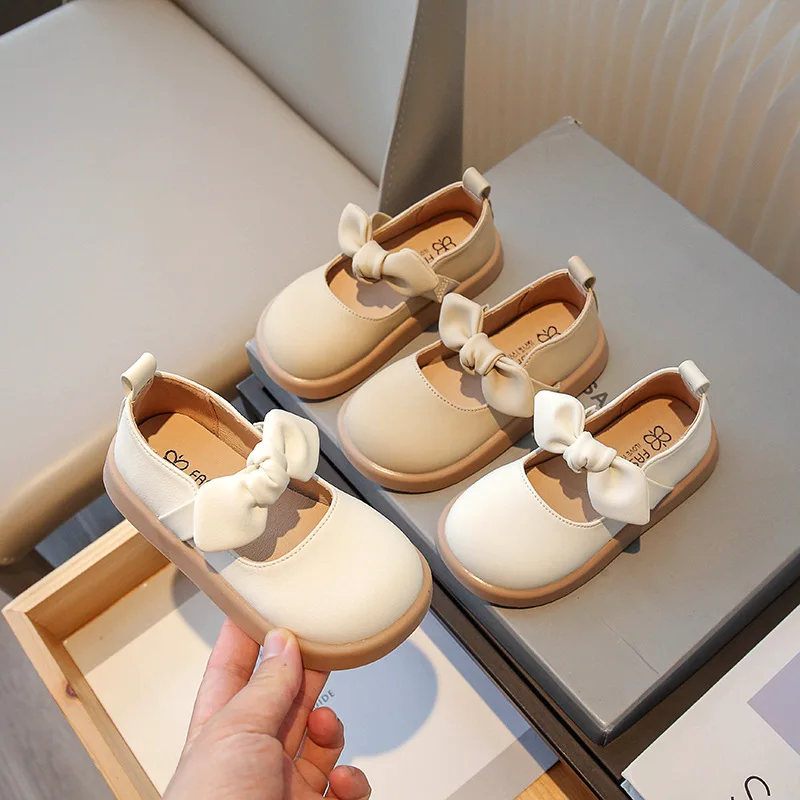 Bow Knot Soft-Soled Casual Shoes Girls Spring Autumn Kids Non-Slip Breathable PU Leather Shoes Children Lightweight Dance Shoes