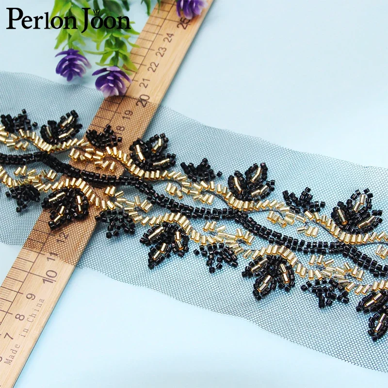 5 Yards Vintage Leaf Shape Black Gold Glass Beaded Imitation Handmade Mesh Lace Trim DIY Sew Decorated for Clothing Coat HB076