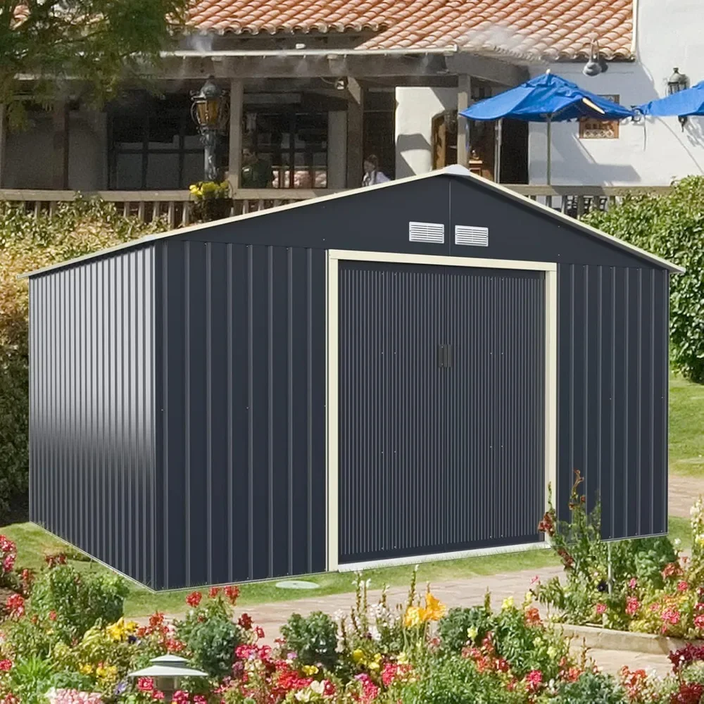 11x8 foot outdoor storage shed, galvanized steel, with double sliding doors, heavy tool outdoor storage shed