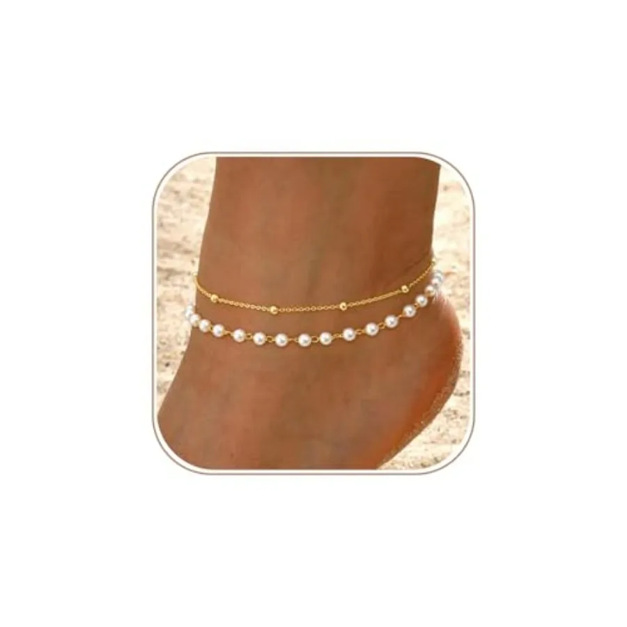 

Gold Ankle Bracelets for Women, Dainty 14K Gold Plated Anklets for Women Waterproof Cuban Link Chain Pearl Anklet Set Trendy La