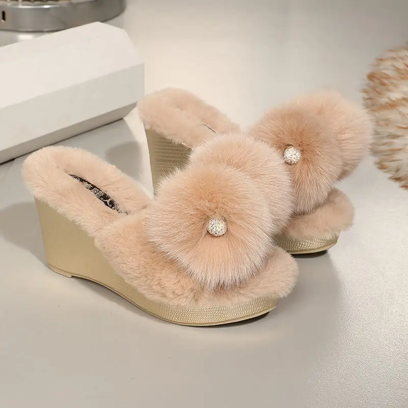 

Winter Genuine Leather Rabbit Fur Warm Slippers Women's Fashion Wedge Heel Rhinestone Flower Fluffy Women's Shoes Elegant Cozy