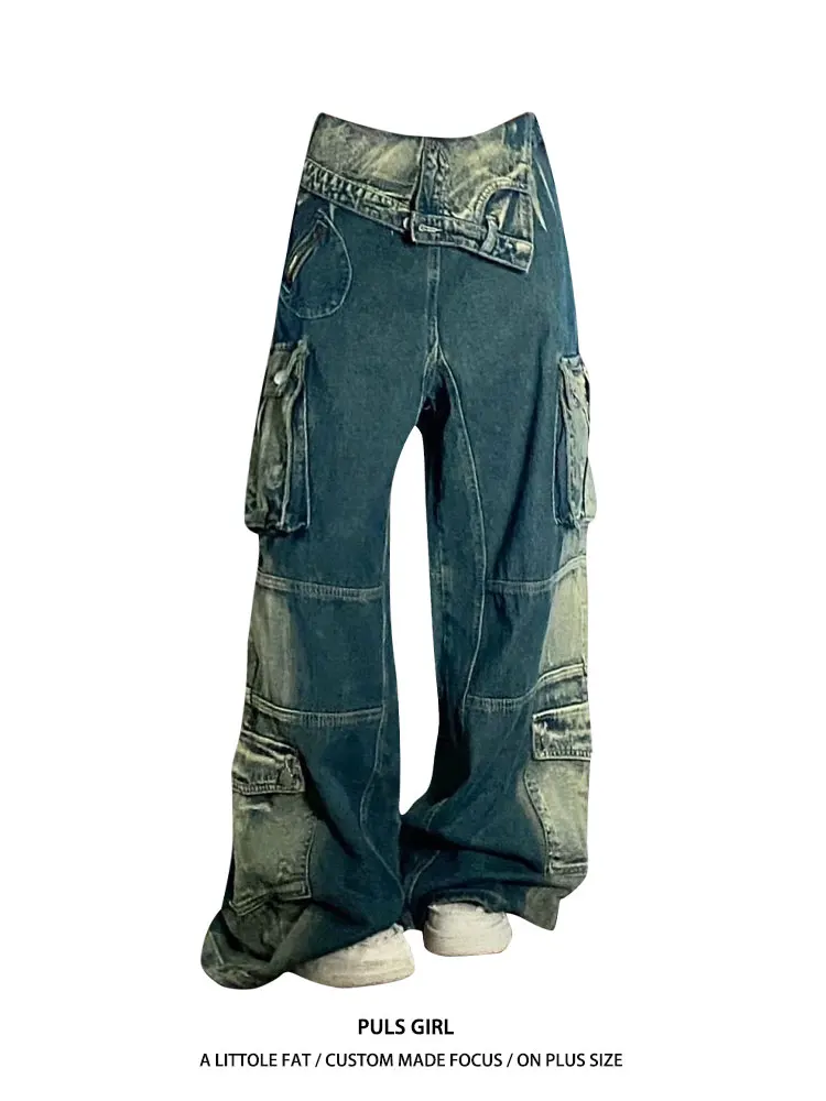 

High Waist Wide Leg Denim Jeans Multiple Pockets Asymmetrical Unisex Retro Workwear Style Patchwork Design Big Size Jeans