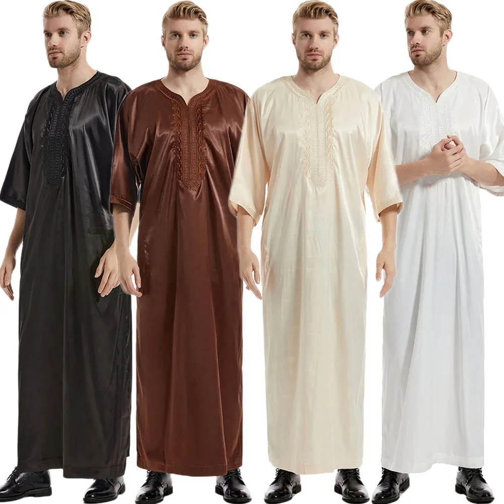 Jubba Thobe Islamic Arabic Kaftan Men Satin Embroidery Solid Half Sleeve Maxi Robes Dubai Middle East Muslim Clothes Abaya Arab