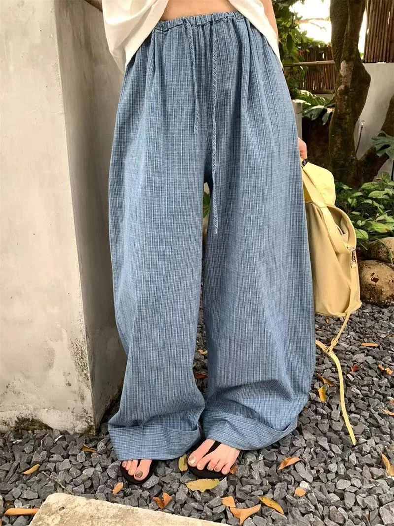 Fine Check Linen Wide Leg Pants Women Drawstring Elastic Waist Loose Oversized Casual Beach Lounge Trousers