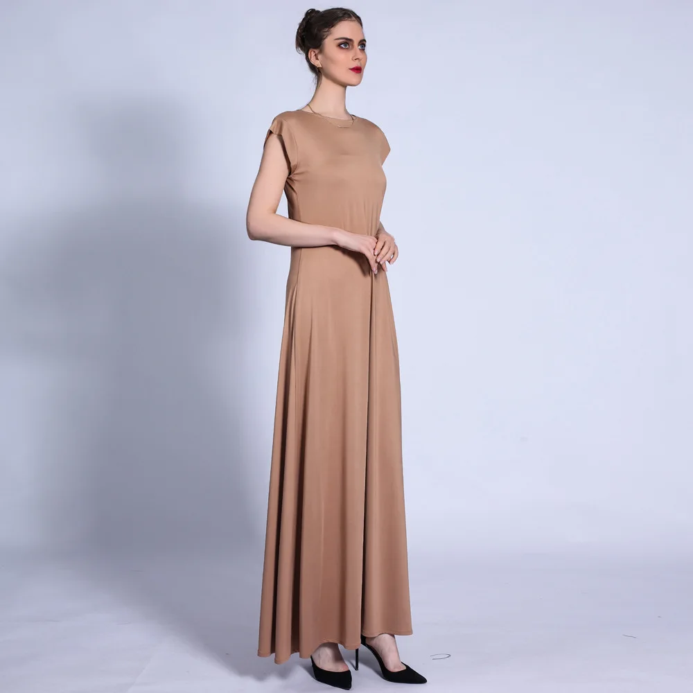 Muslim Women Long Dress Solid Short Sleeve O Neck Party Night Evening Dress Elegant Islam Dubai Mid East Turkey Vestidos Largos