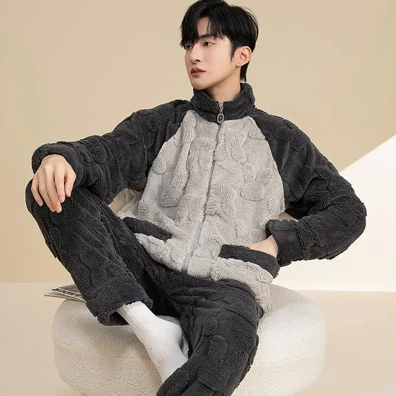 Warm Flannel A Loungewear Set Can Be Worn Outside Men's Pajamas Coral Fleece Autumn and Winter Zipper Thickened Long Sleeves