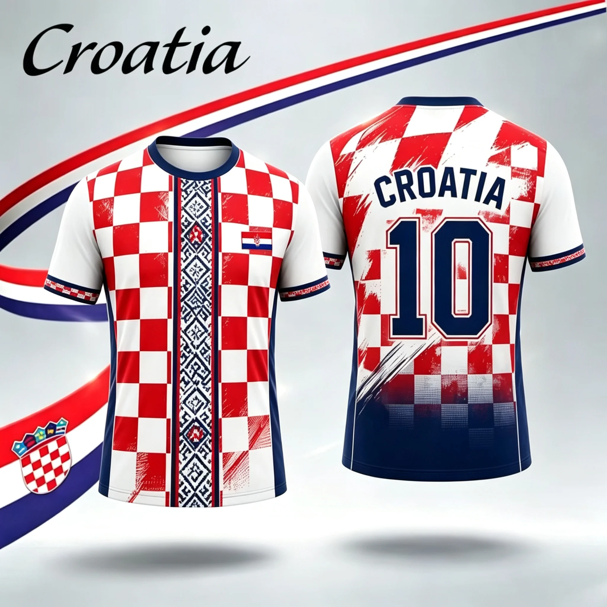 Croatia No.10 Fan Football Jersey, Men Quick Dry Breathable Short Sleeve Tee, Red White Checkered Flag Print Sport Supporter Top view 4