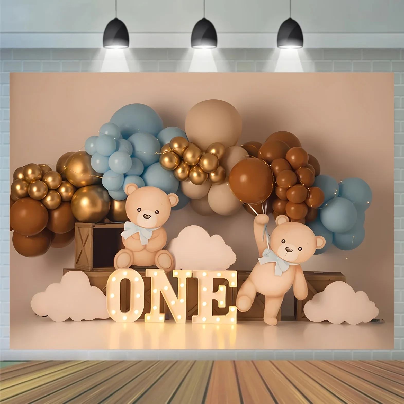 Fondo de fiesta con temática de oso de peluche y globo dorado para celebración del primer cumpleaños - Banner de fondo de fotografía con nubes