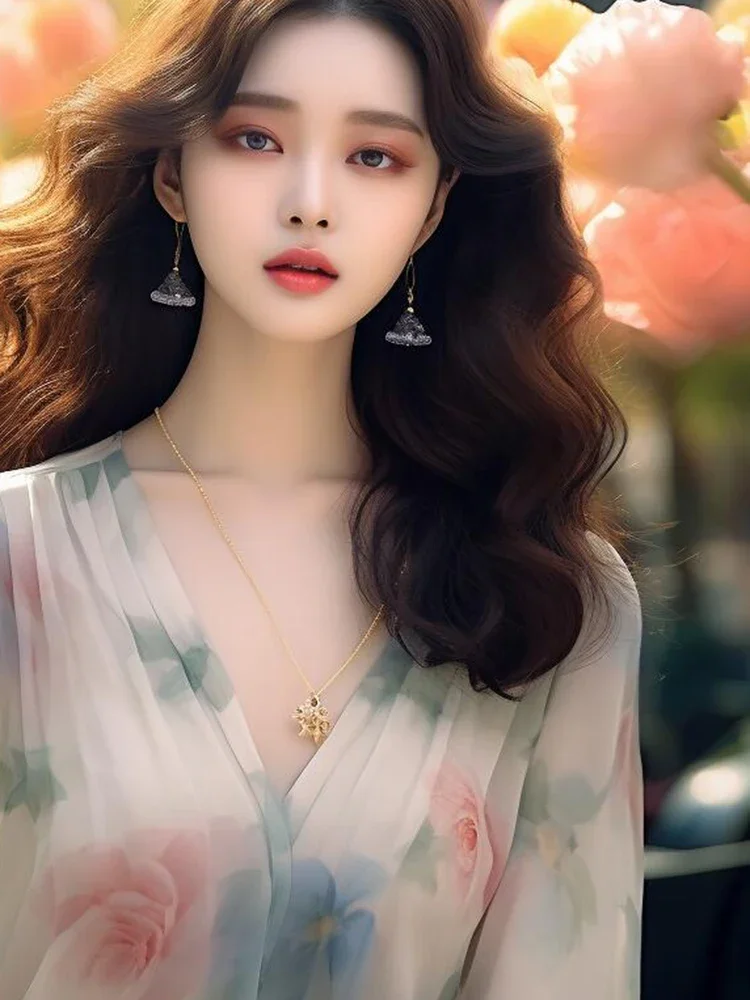 Chiffon Women's Shirt Spring/Summer Vintage Prints Blouses Loose Nine Quarter Women Tops V-necks Fashion Clothing