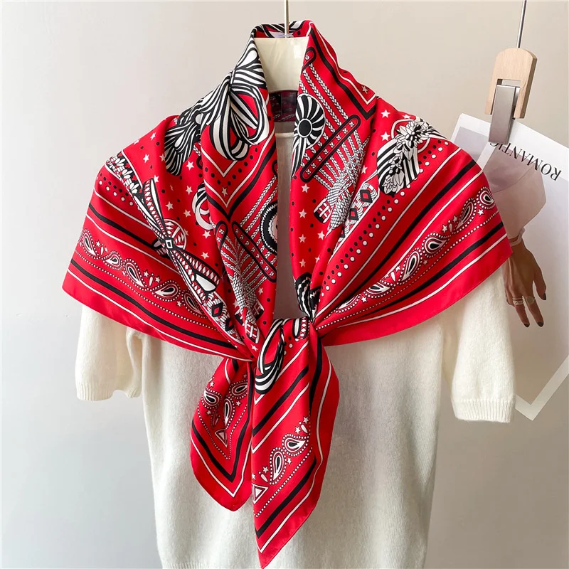 

Red Silk Scarf Wedding Gift Scarf Shawl Retro Cashew Twill Silk Square Scarf 90cm European and American Silk Scarf for Women