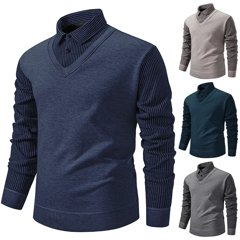 Cold Season Mens Collared Knitted Pullover Fake Vest Appearance Fleece Lined Vertical Stripe Warm Slim Fit Casual Clothing