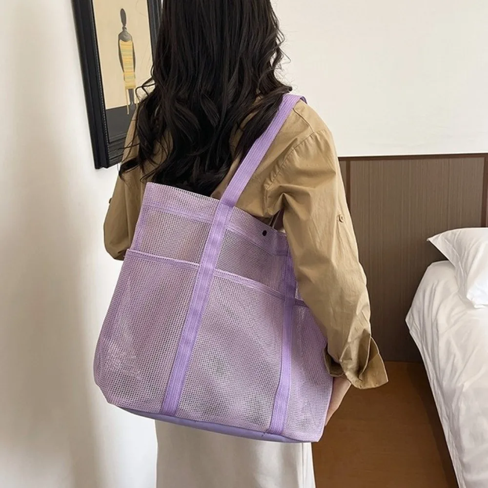 Large Capacity Mesh Beach Bag Lightweight Foldable Shoulder Handbag Hollow Pocket Transparent Mesh Toiletries Organizer Travel