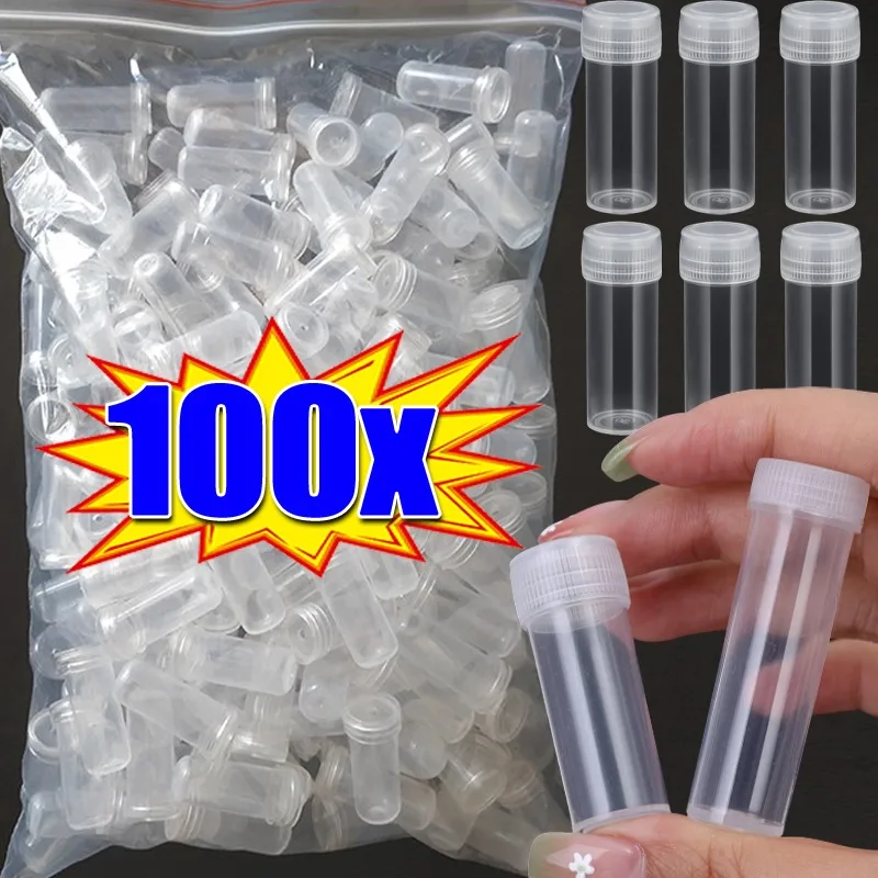 

100 шт. портативная пластиковая маленькая бутылочка для образцов, контейнер для хранения флаконов, пробирка с завинчивающимися крышками для лабораторной бутылки для образцов порошка 5/7 г