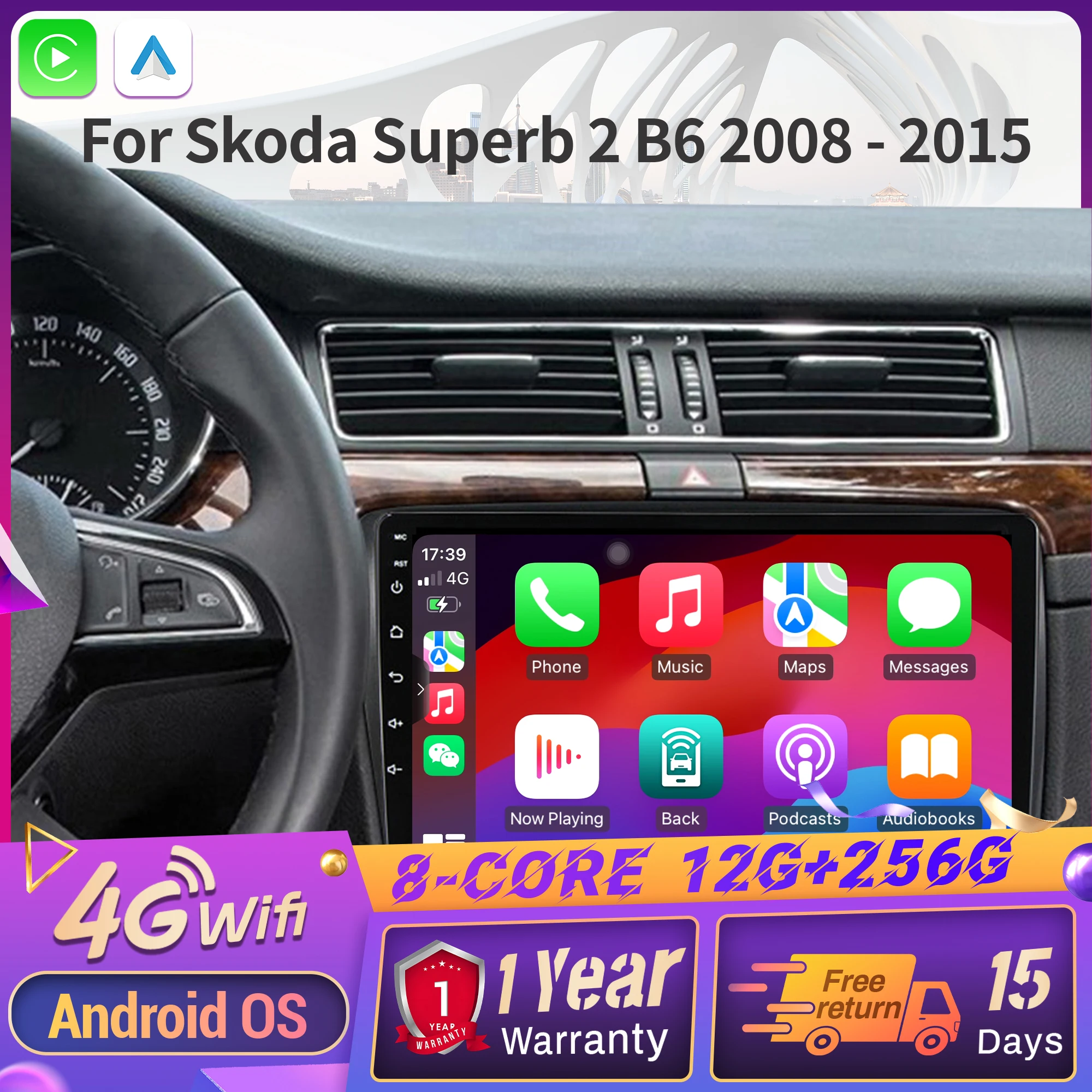 

Автомобильный радиоприемник 4G GPS для Skoda Superb 2 B6 2008-2015 Android 14, мультимедийный беспроводной CarPlay сенсорный экран, Bluetooth стерео