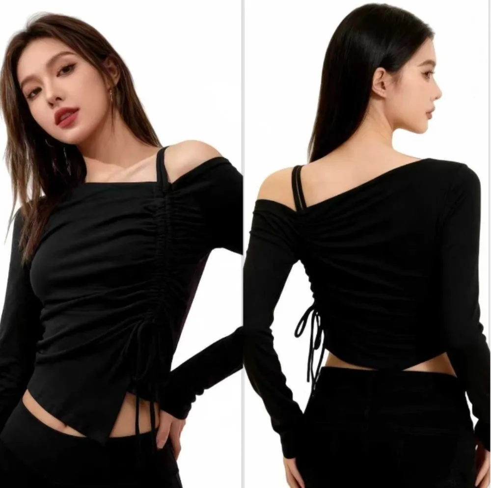 

Модная женская блузка с открытыми плечами, асимметричным плиссированным воротником на шнуровке и разрезом, черная