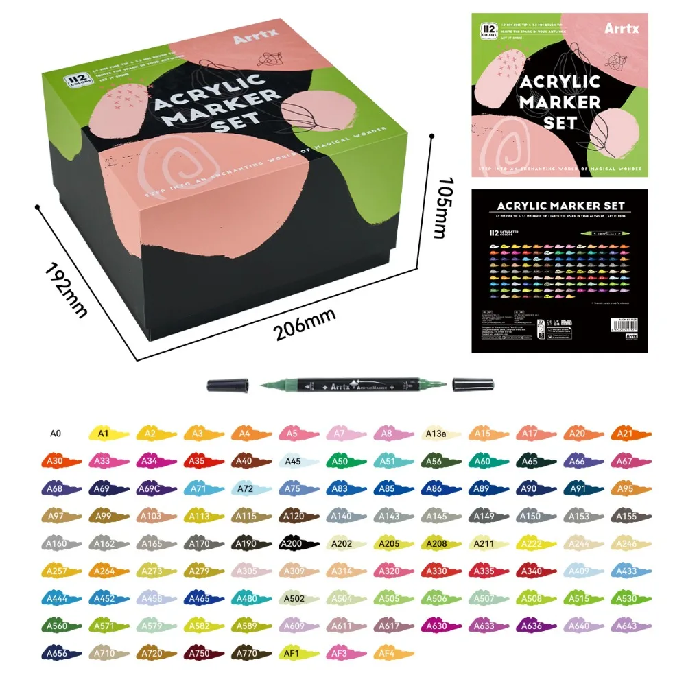 Arrtx 112 Kleuren Acrylverf Markers Dubbele Punt Fijne Punt en Penseelpunt voor Steenverf, Keramiek, Hout, Plastic, Scrapbooking