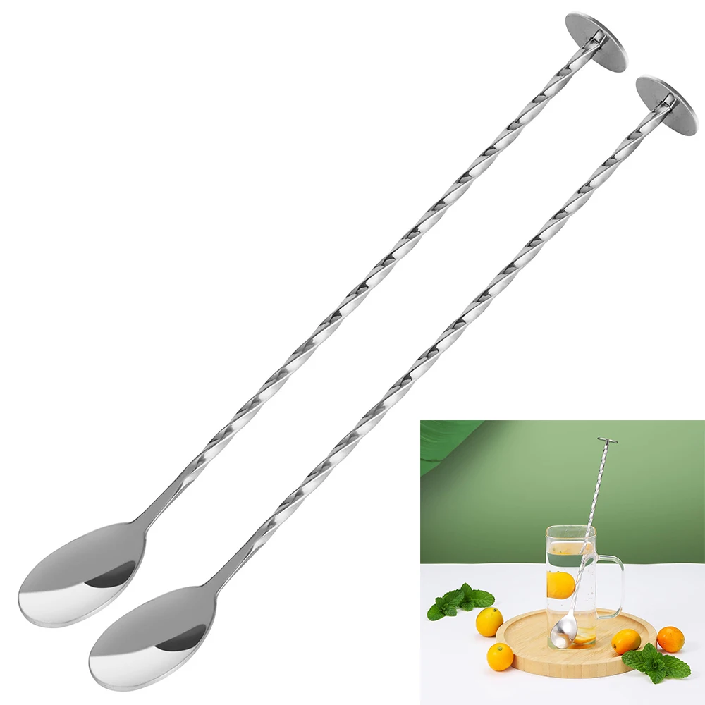 2Pcs Extra Long Stainless Steel Mixing Spoons Spiral Pattern Bar Cocktail Shaker Stirring Spoon Bar For Tea Coffee drinks Juice