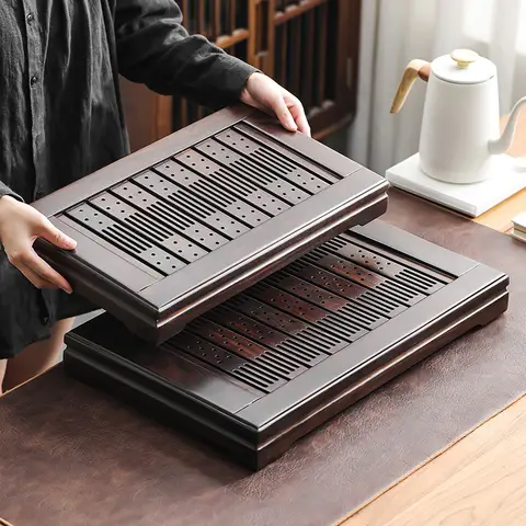 Neatly Organized Tea Tray 53X33X6.5 Black Ebony Solid Wood Tea Tray Drawer-Style Kung Fu Tea Table for Home and Office Use, Tea Set Not Included