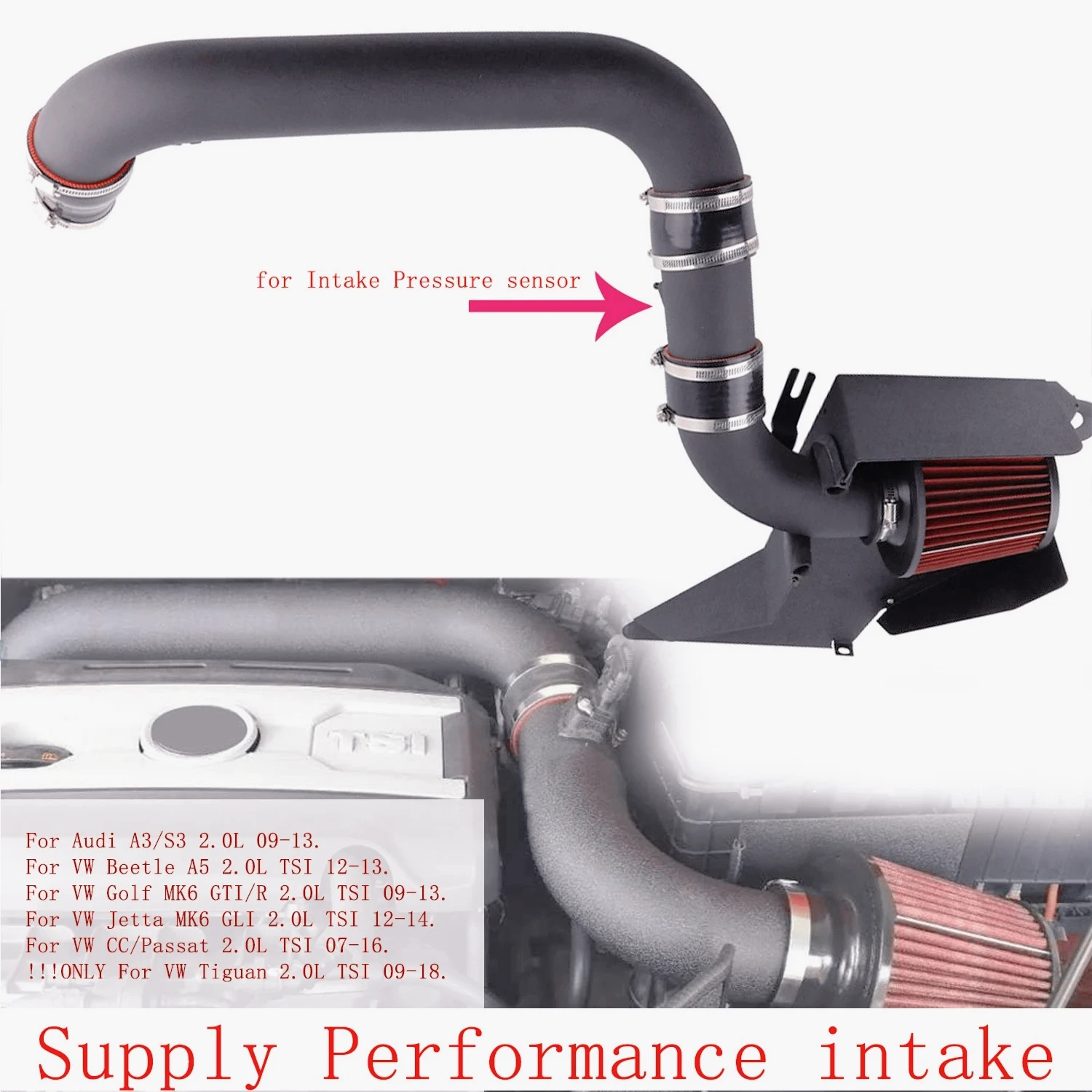 

AQ--for VW Golf MK6 GTI/R 2.0L Audi A3/S3 09-13 CC/Passat 2.0 TSI 2.0L Cold Air Intake System Kit + RED Filter EA888 ENGINE