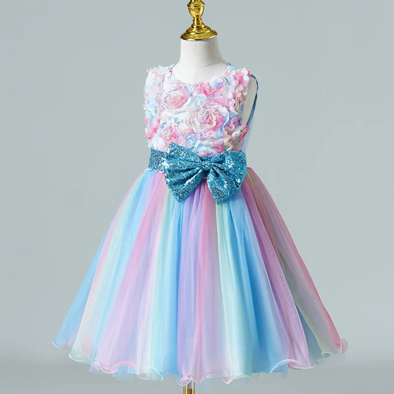 Luxus Mädchen Regenbogen Farbe Prinzessin Kleid Blumen mädchen Hochzeits kleid High-End Französisch Kinder Puffy Kleid elegantes Party kleid