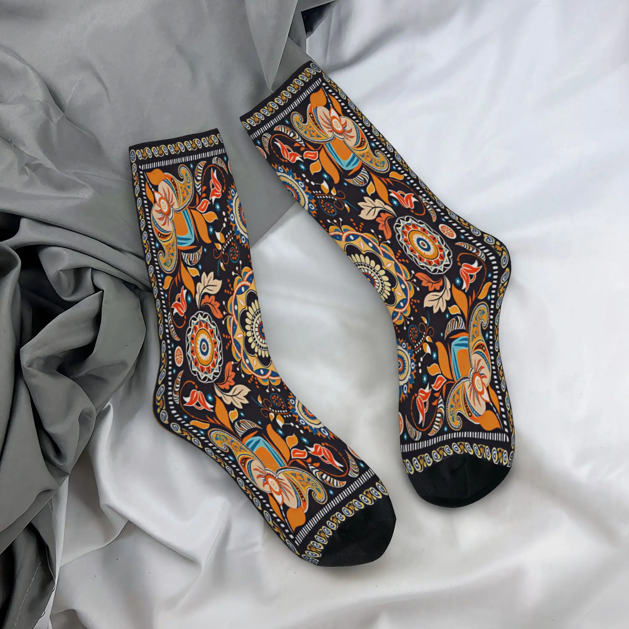 Navy Orange Folk Floral Mandala Stockings Socks Unisex Men Soft Breathable Socks Winter Climbing Design Anti Bacterial Socks