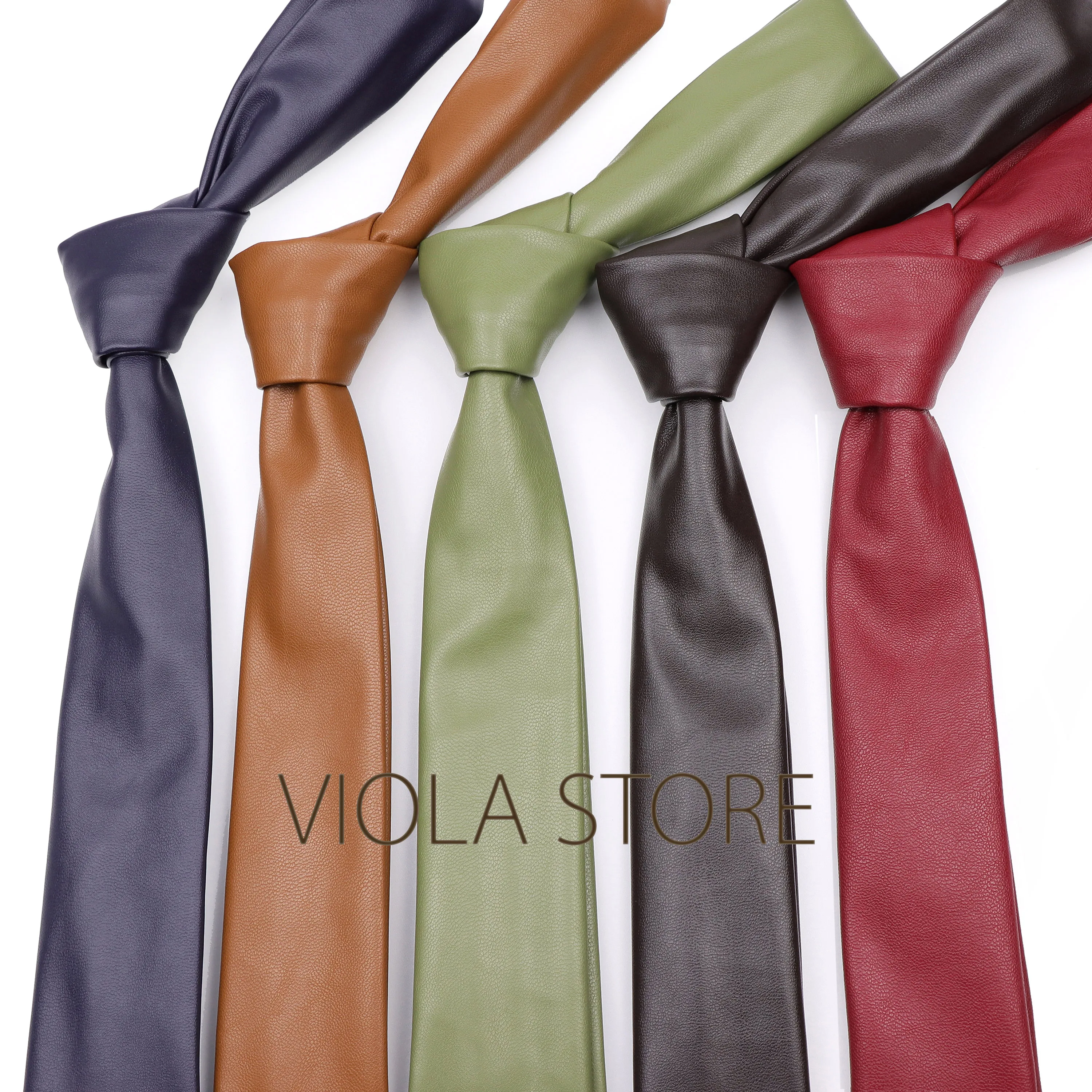 

Classic Beige Gold Pink Blue Vintage Brown Green Solid PU Leather Tie 5.5cm Skinny Wedding Party Gift Men Women Cravat Accessory