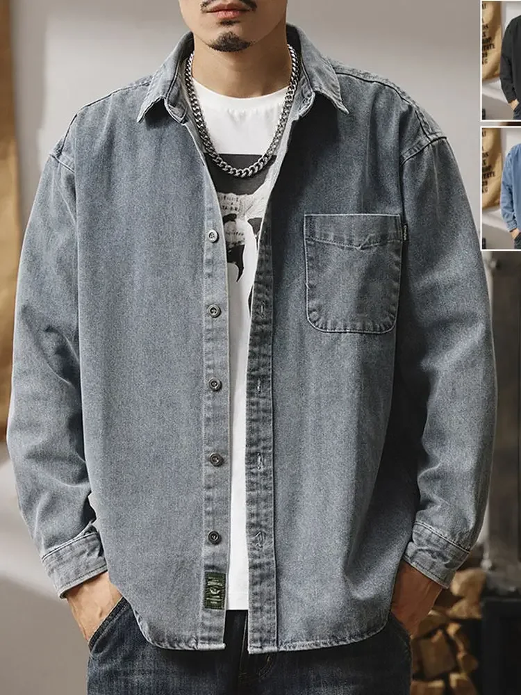 [اختياري مختلف] قميص دينيم بأكمام طويلة للرجال، قميص أمريكي وسيم، سترة سميكة غير رسمية فضفاضة للرجال مغسولة